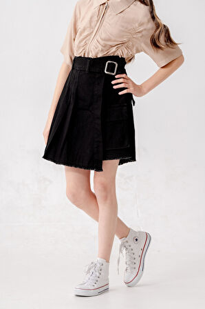 Kız Çocuk Pileli Kot Şort Etek 2873