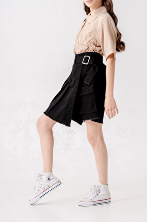 Kız Çocuk Pileli Kot Şort Etek 2873