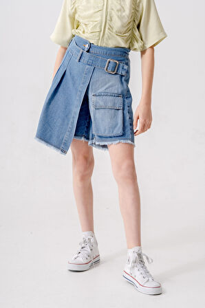 Kız Çocuk Pileli Kot Şort Etek 2873