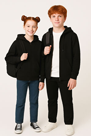 Kız - Erkek Basic Fermuarlı Kapüşonlu Okul Sweatshırt G2025-3