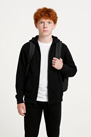 Kız - Erkek Çocuk  Basic Fermuarlı Kapüşonlu Okul Sweatshırt G2025-3