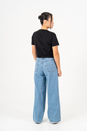 Kız Çocuk Rahat Kesim Yüksek Bel Parçalı Desen Jean Pantolon 2224