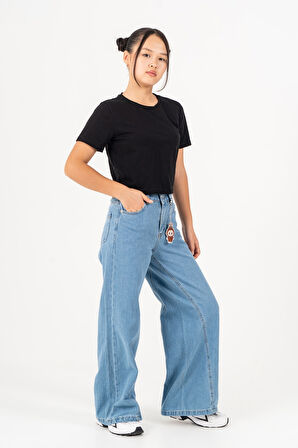 Kız Çocuk Rahat Kesim Yüksek Bel Parçalı Desen Jean Pantolon 2224