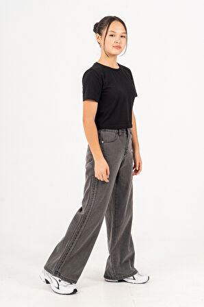 Kız Çocuk Yan Şeritli Geniş Paça Şeritli Jean Pantolon 2225