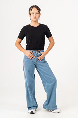 Kız Çocuk Yan Şeritli Geniş Paça Şeritli Jean Pantolon 2225