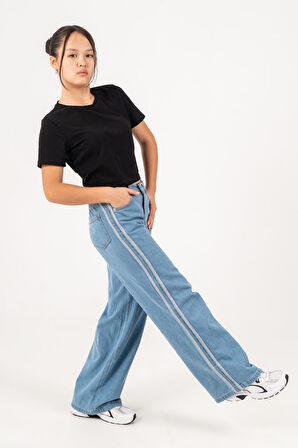 Kız Çocuk Yan Şeritli Geniş Paça Şeritli Jean Pantolon 2225