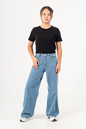 Kız Çocuk Yan Şeritli Geniş Paça Şeritli Jean Pantolon 2225