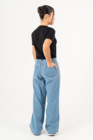 Kız Çocuk Yan Şeritli Geniş Paça Şeritli Jean Pantolon 2225