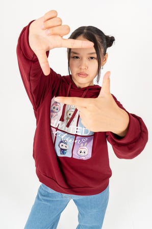 Kız Çocuk Labubu Baskılı 3 İplik Kışlık Şardonsuz Sweatshirt 4540