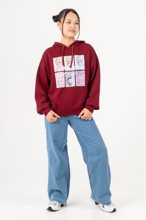 Kız Çocuk Labubu Baskılı 3 İplik Kışlık Şardonsuz Sweatshirt 4540