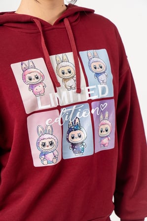 Kız Çocuk Labubu Baskılı 3 İplik Kışlık Şardonsuz Sweatshirt 4540