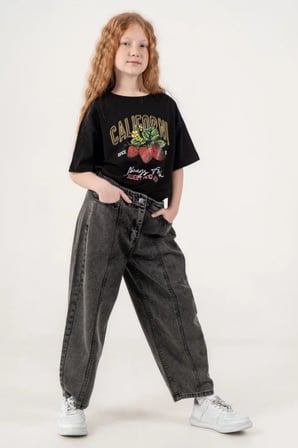 Kız Çocuk Şehir Stili Dikişli Baggy Kot Pantolon 2227