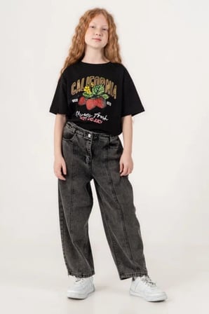 Kız Çocuk Şehir Stili Dikişli Baggy Kot Pantolon 2227