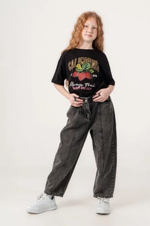 Kız Çocuk Şehir Stili Dikişli Baggy Kot Pantolon 2227