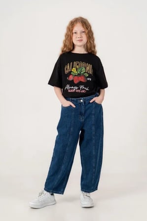 Kız Çocuk Şehir Stili Dikişli Baggy Kot Pantolon 2227