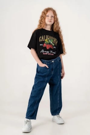 Kız Çocuk Şehir Stili Dikişli Baggy Kot Pantolon 2227