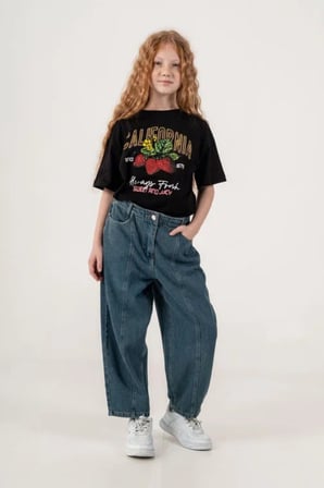 Kız Çocuk Şehir Stili Dikişli Baggy Kot Pantolon 2227