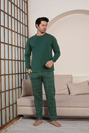 Erkek Bisiklet Yaka Düğmesiz Ekose Desen Modal Mevsimlik Uzun Kol Manşetli Cepli Pijama Takımı