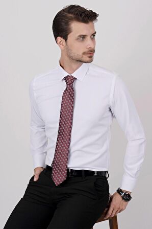 Gömlek Kravat Seti ( sunda Bordo Kare Desenli Kravat & Beyaz Armür Desenli Slimfit Gömlek)