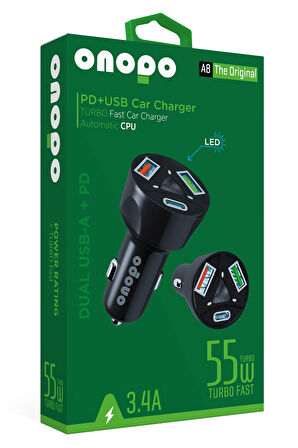 3.4A Type-C (PD) ve Çift USB Girişli Turbo Hızlı Araç Şarjı 55W - A8