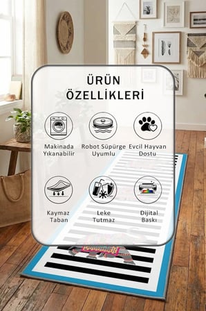Fil Byz Mavi Yıkanabilir Kaymaz Taban Dijital Baskılı Yolluk Halı