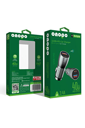 onopo 3.4A Çift USB + Type Çıkışlı Metal Hızlı Araç Şarjı 40W - A9