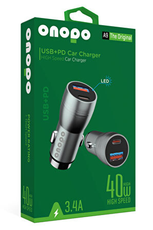 onopo 3.4A Çift USB + Type Çıkışlı Metal Hızlı Araç Şarjı 40W - A9