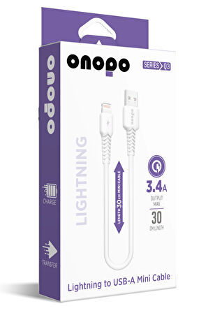 onopo İphone Apple Uyumlu  Lightning To USB Mini Kablo 3.4A Hızlı Şarj ve Data Kablosu 30CM - Q3