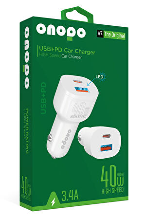 3.4A Type-C (PD) ve USB Girişli Led Işıklı Turbo Hızlı Araç Şarjı 40W - A7