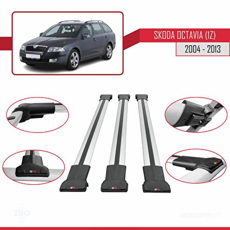 Skoda Octavia 2 (1Z) 2004-2013 Arası ile Uyumlu FLY Model Ara Atkı Tavan Barı Gri 3 Adet