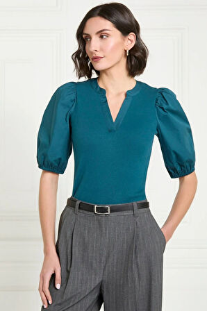 Kadın Petrol Mavisi V Yaka Kısa Kollu Pamuklu Ribanalı Dokuma Balon Kol Şık Bluz - Kadın Bluz