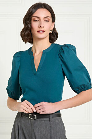 Kadın Petrol Mavisi V Yaka Kısa Kollu Pamuklu Ribanalı Dokuma Balon Kol Şık Bluz - Kadın Bluz