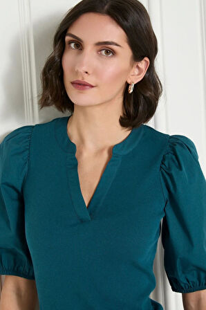 Kadın Petrol Mavisi V Yaka Kısa Kollu Pamuklu Ribanalı Dokuma Balon Kol Şık Bluz - Kadın Bluz