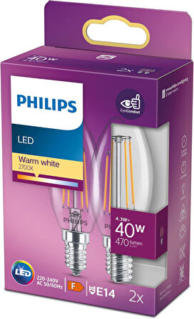 LED Classic 40W B35 Led Mum Filament Ampul, 2700K Sarı Işık, E14 İnce Duy, Dim Edilmez, 2'li Ekopaket