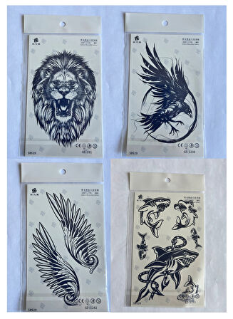 Aslan Karga 4 adet Birden 3 hafta Kalıcı  Geçici yapıştırma Dövme 18x11 cm