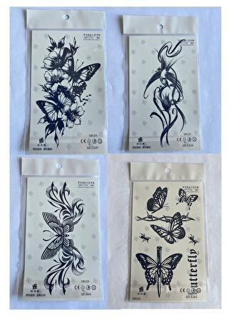 Kelebekler 4 adet Birden 3 hafta Kalıcı  Geçici yapıştırma Dövme 18x11 cm