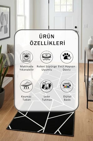 Yıkanabilir Kaymaz Bölmeli Siyah Beyaz Dijital Baskılı Yolluk Halı Tüy Tutmaz Beyaz