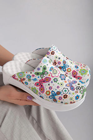 Ortopedik Sabo Terlik Doktor Hemşire Hastane Aşçı Terliği Kadın Kelebek Desenli