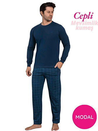 Erkek Bisiklet Yaka Düğmesiz Ekose Desen Modal Mevsimlik Uzun Kol Manşetli Cepli Pijama Takımı