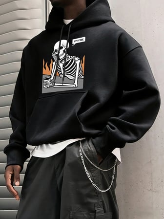 I'M Fine İskelet Baskılı Erkek Basic Kapüşonlu Üstleri Hip Hop Bol Sweatshirtler Günlük Polar