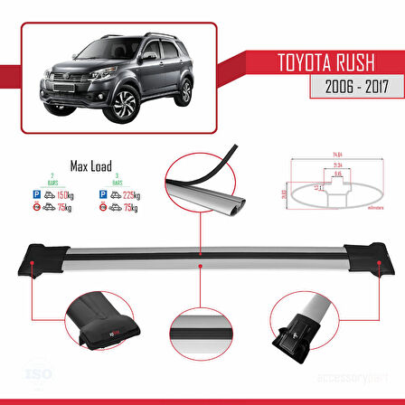 Toyota Rush 2006-2017 Arası ile Uyumlu FLY Model Ara Atkı Tavan Barı Gri 2 Adet