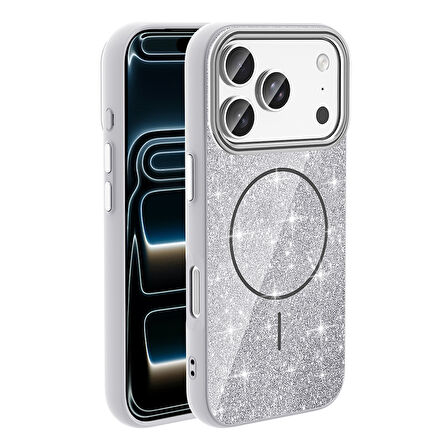 iPhone 17 Pro Max Kılıf Kablosuz Şarj Özellikli Parlayan Simli Okso Kapak