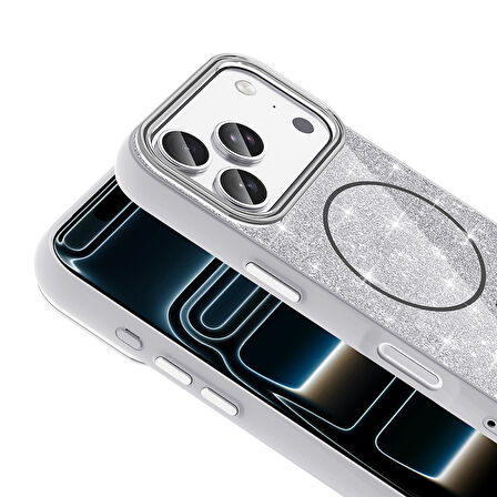 iPhone 17 Pro Max Kılıf Kablosuz Şarj Özellikli Parlayan Simli Okso Kapak