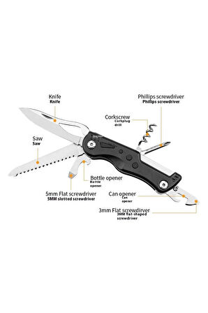 8 Fonksiyonlu Paslanmaz Çelik Çok Amaçlı Katlanır Testere Tirbuşon Tornavida Açacak Çakı