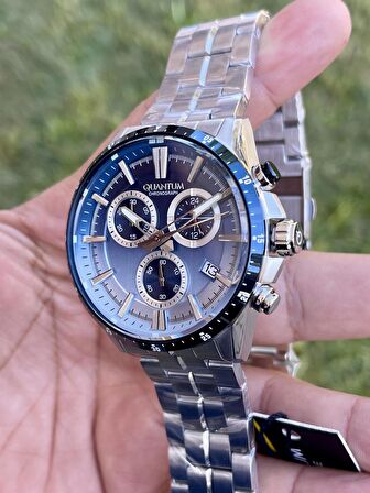 PWG1111.390 Quantum chronograph özellikli gümüş lacivert kadranlı çelik erkek kol saati