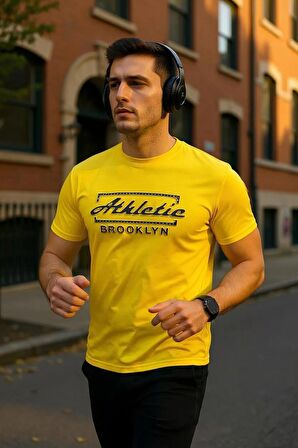 Erkek Sarı Slim Fit Kabartma Baskılı Pamuklu T-Shirt