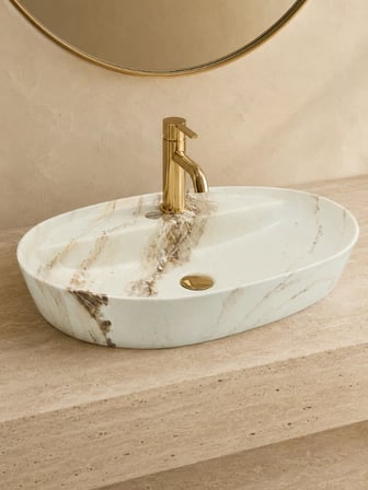 Beyaz Gold Mermer Desenli Tezgah Üstü Seramik Çanak Lavabo 60x42,5x15 cm