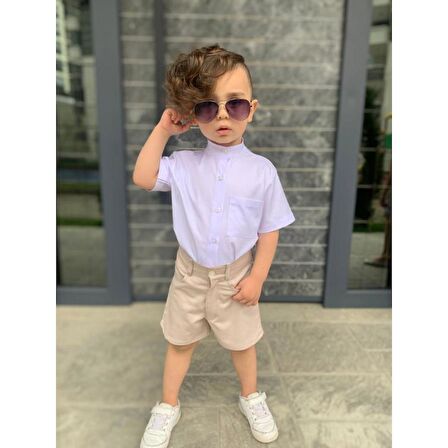 MODAVALS KARDEŞ KOMBİN KETEN ŞORTLU ERKEK ÇOCUK TAKIM - KREM