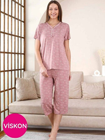Kadın Gül Kurusu V Yaka Dantel Detay Viskon 3 Düğmeli Kısa Kol Yazlık Kapri Pijama Takımı 