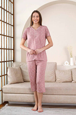Kadın Gül Kurusu V Yaka Dantel Detay Viskon 3 Düğmeli Kısa Kol Yazlık Kapri Pijama Takımı 